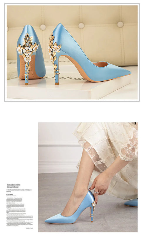 Elegant Crystal-Embellished Silk Pointed Toe Pumps for Women - Luxurious High Heels Perfect for Bridal and Evening Wear, Sexy Dress Shoes with Thin Heels